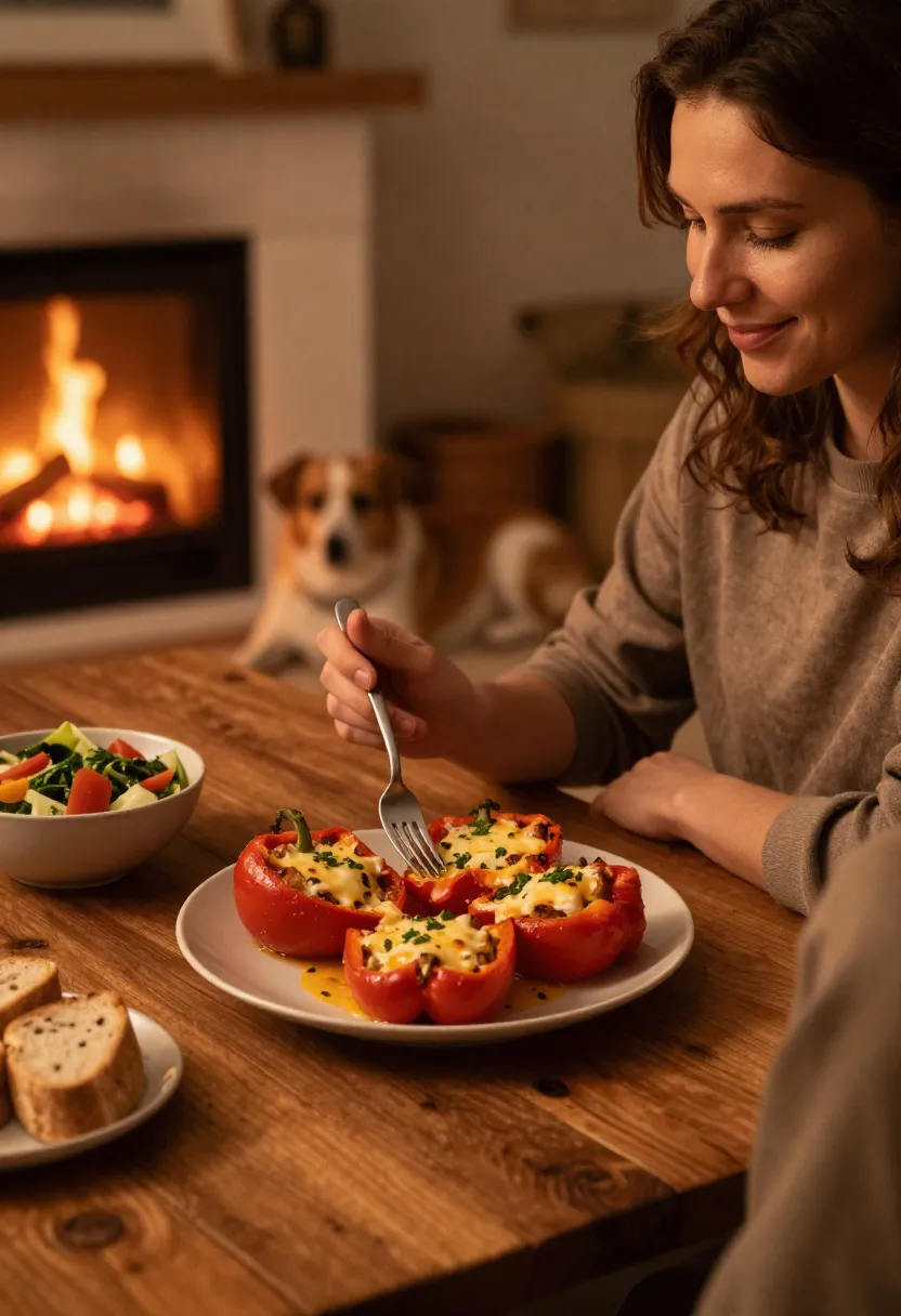 Person enjoying stuffed peppers by the fireplace with pet nearby.