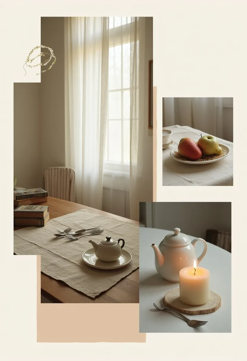 Cozy cottagecore collage with sunlight, candles, books, and soft linens