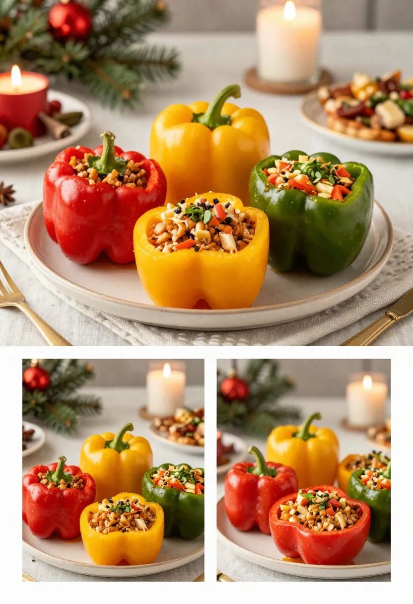 Colorful stuffed bell peppers served on a festive New Year holiday table