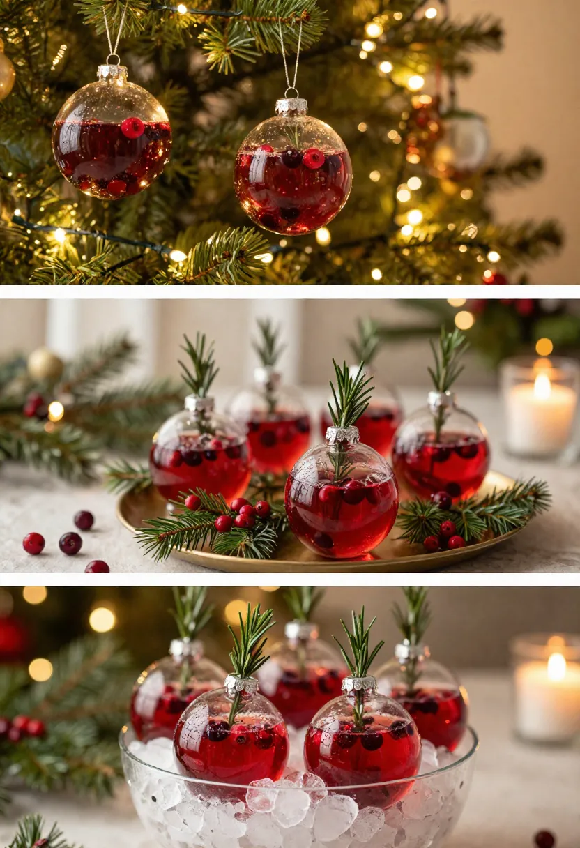 Collage showing cranberry ornament cocktails hanging from lit branches, displayed on tiered tray with greenery, and resting in crushed ice under warm holiday lights.