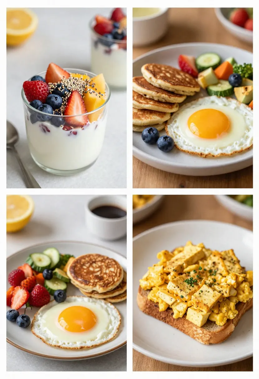 Collage showing sweet and savory high-protein breakfast options