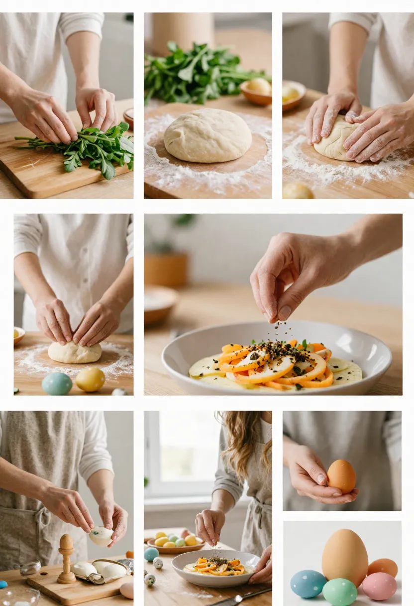 Easter cooking collage showing shared food preparation and spring ingredients