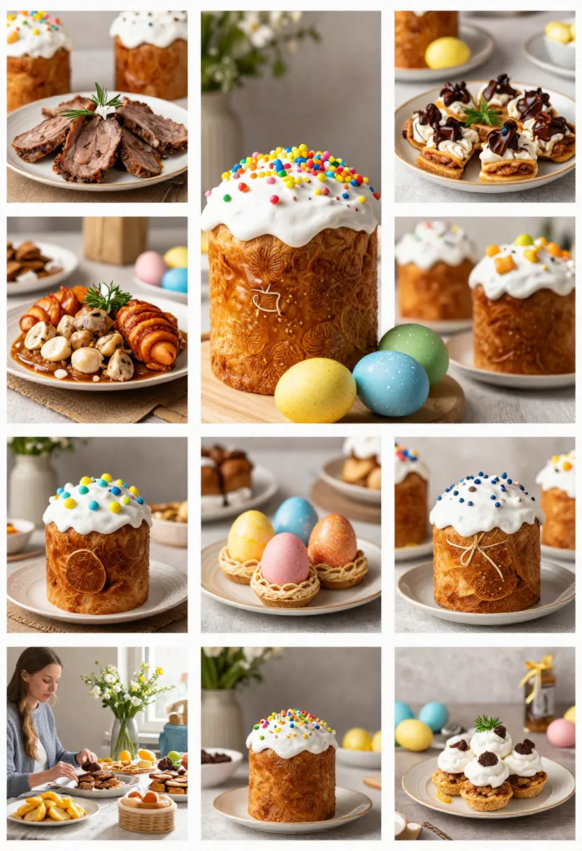 Easter collage with kulich and decorated eggs symbolizing tradition and renewal
