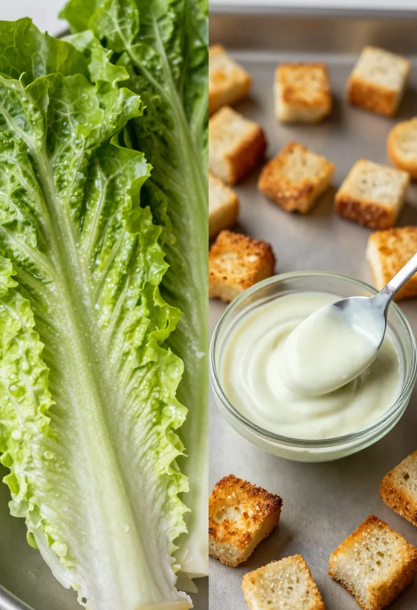 Close-up of crisp romaine, golden croutons, and creamy Caesar dressing.