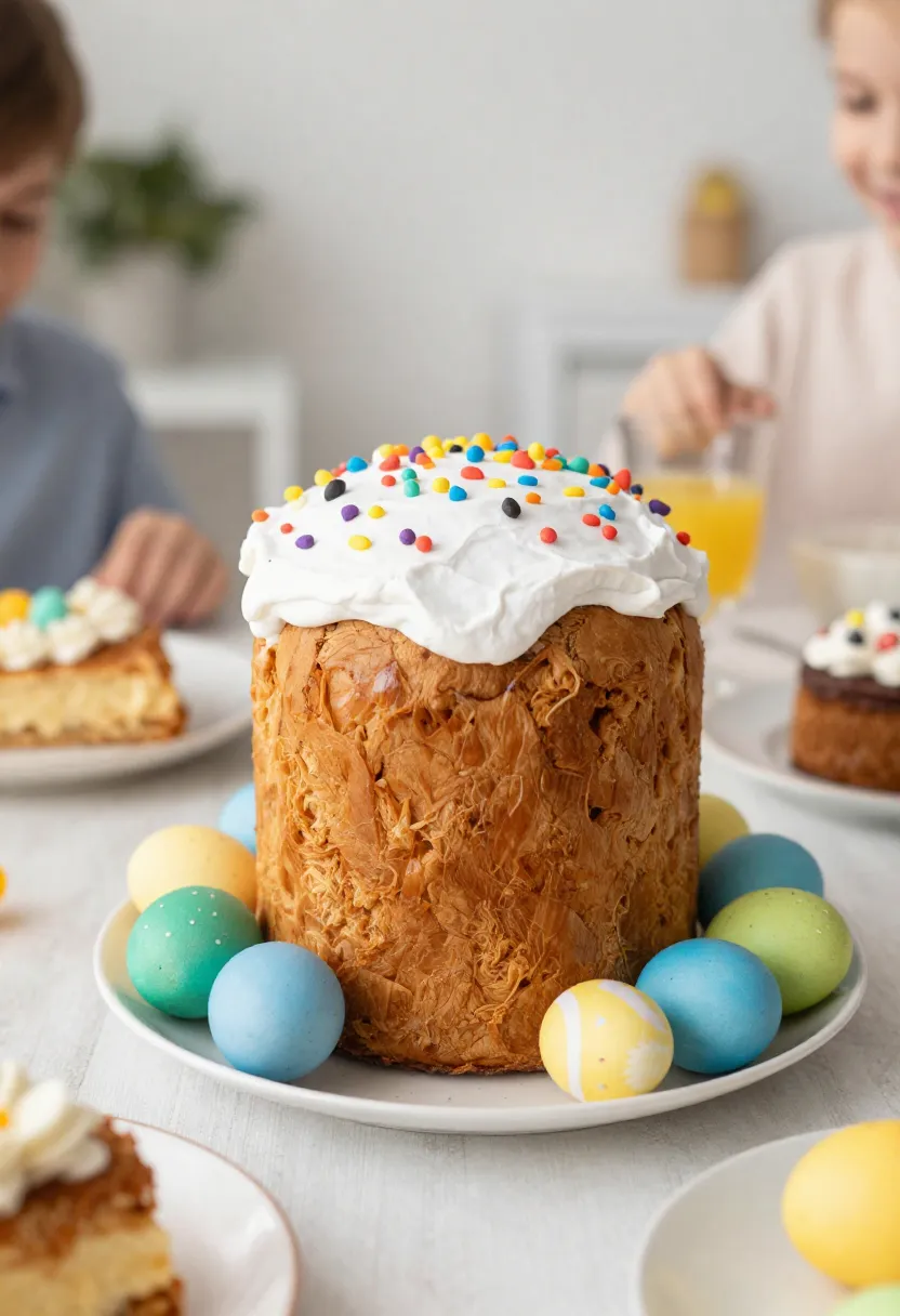 Easter kulich and decorated eggs in a warm, colorful spring setting