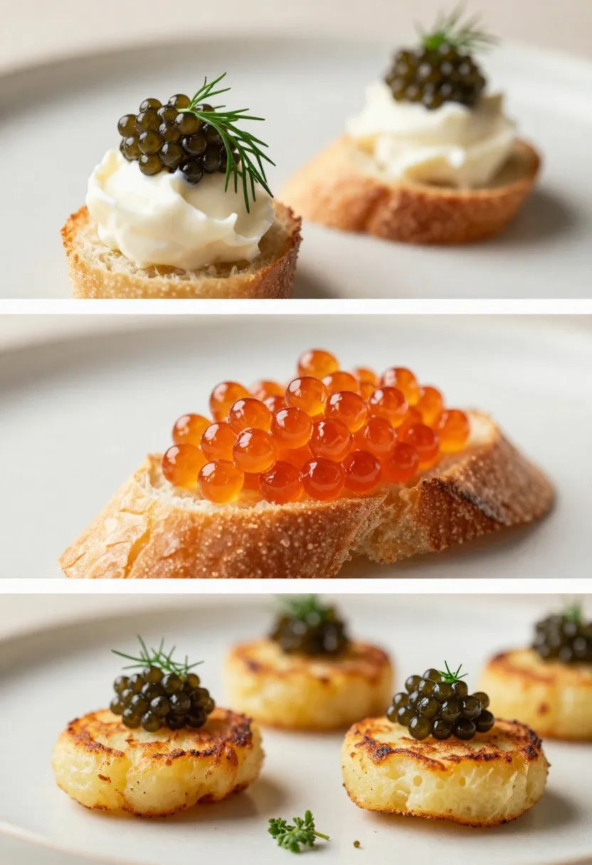 Collage of caviar on blinis, toasted baguette, and potato pancakes with herbs