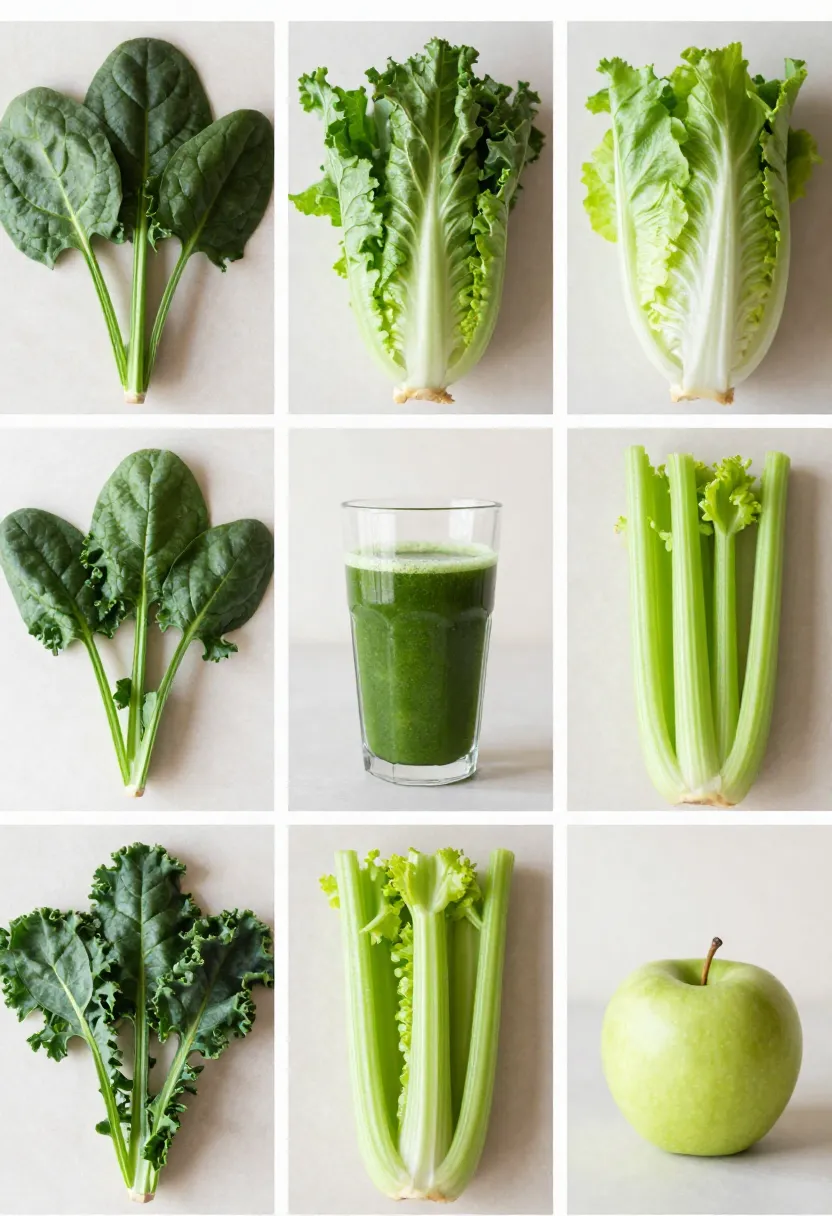 Collage of leafy greens, celery, cucumber, fruit, and a glass of green juice