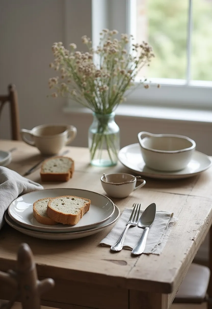Cozy cottagecore brunch table with handmade bread, wildflowers, and soft natural light