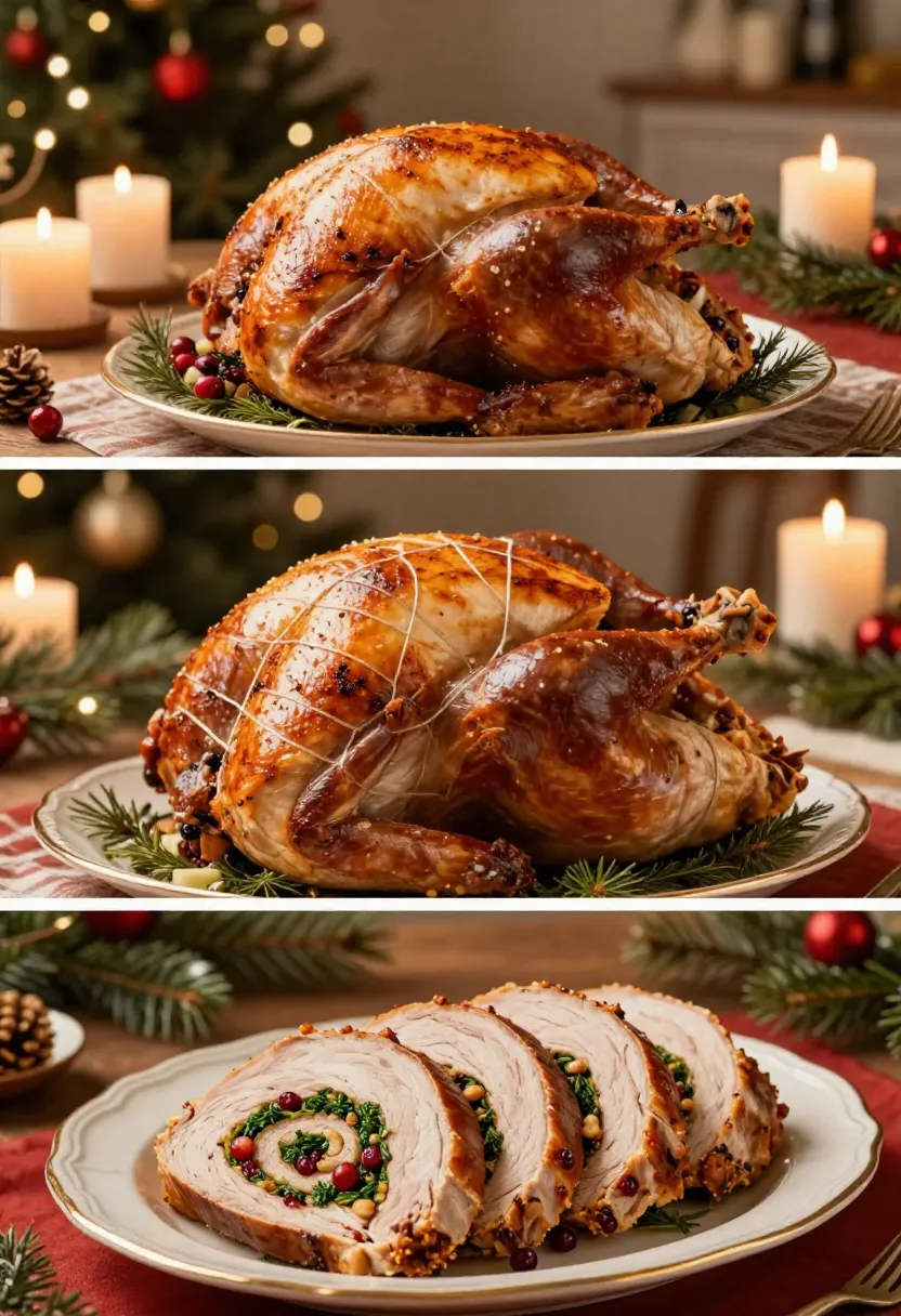 Collage of whole roast turkey and sliced stuffed turkey breast showing herb and cranberry filling in a festive holiday setting.