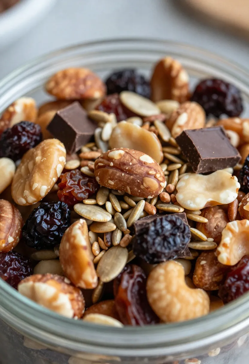Homemade trail mix with nuts, dried fruits, and seeds