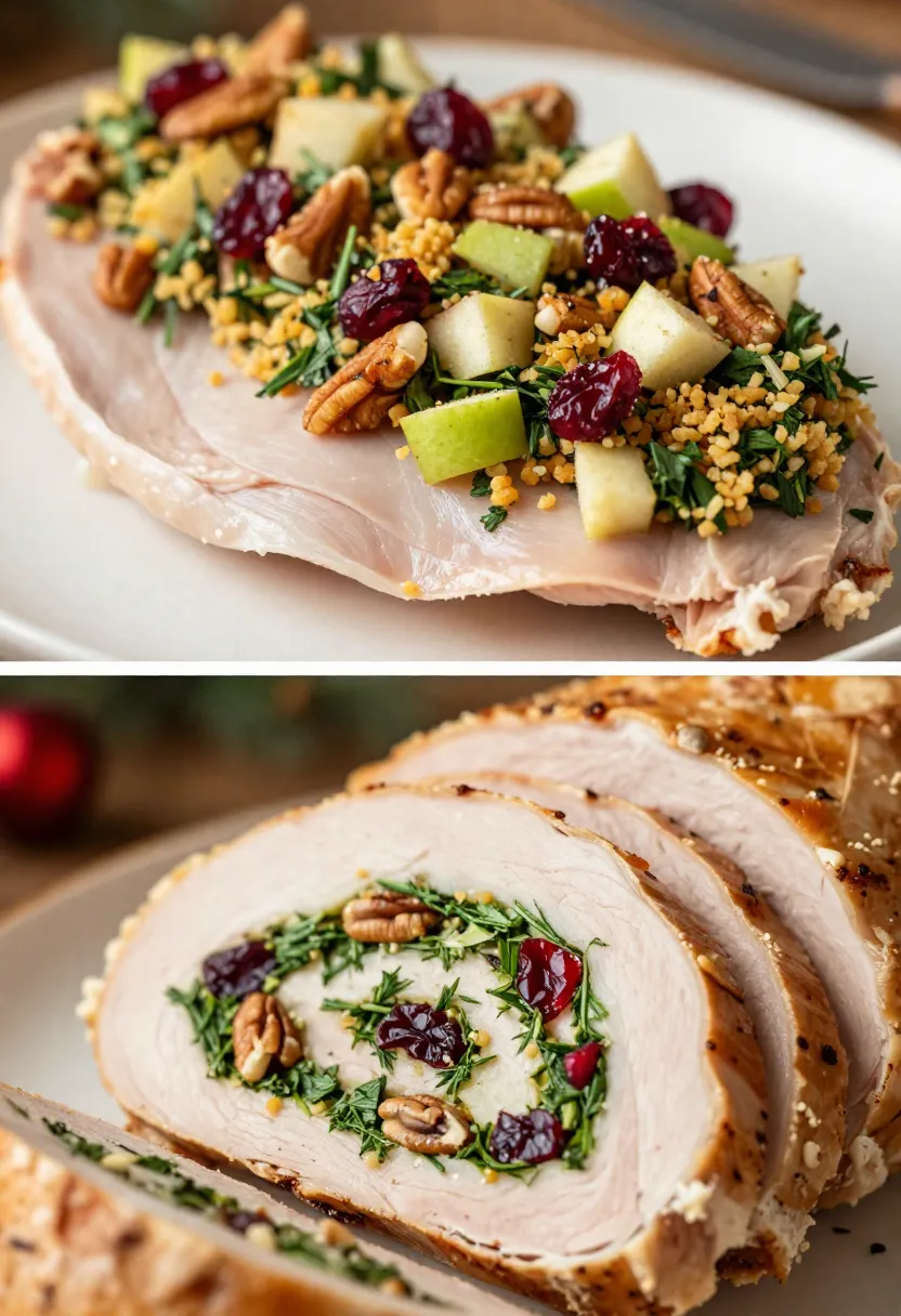 Close-up of stuffed turkey breast with herb, cranberry, and nut filling, showing detailed spiral texture.