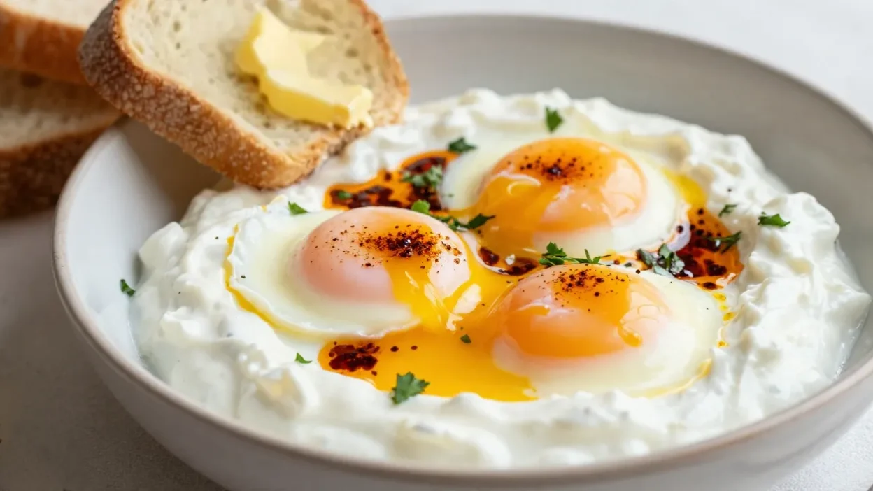 Turkish eggs with yogurt, poached eggs, and spiced butter served with bread