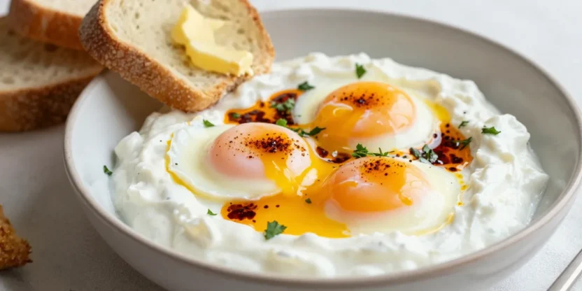 Turkish eggs with yogurt, poached eggs, and spiced butter served with bread