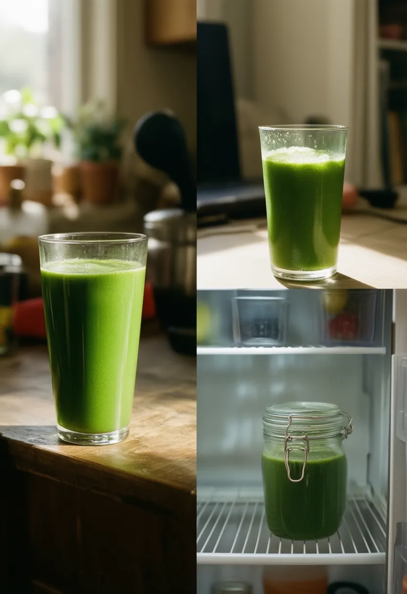 Collage showing green juice in the morning, afternoon, and stored in a glass jar