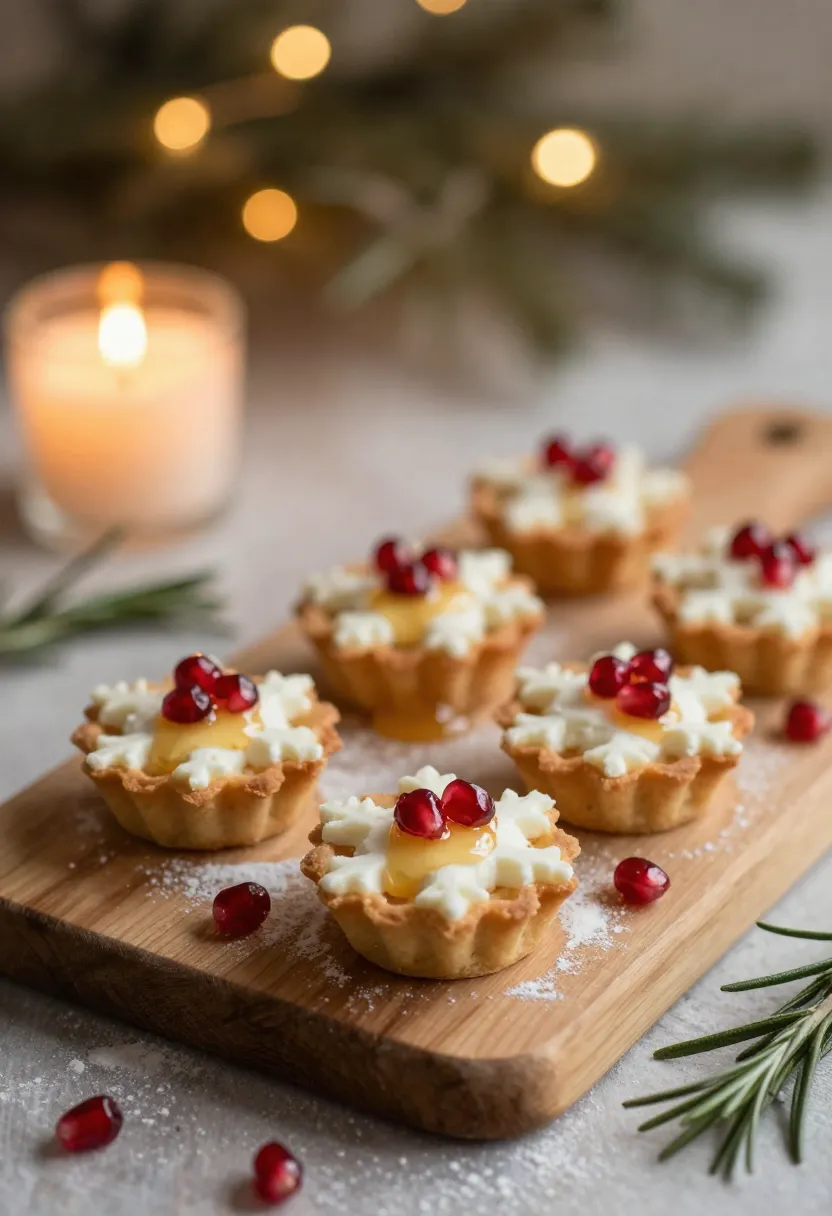 Snowflake goat cheese tartlets on a wooden board in warm candlelight with soft festive background.
