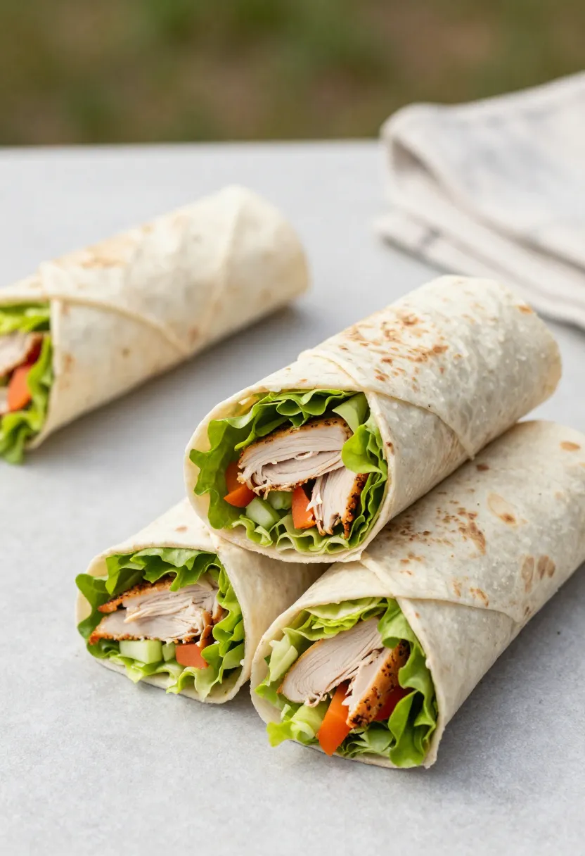 Wraps with smoked turkey and fresh vegetables outdoors
