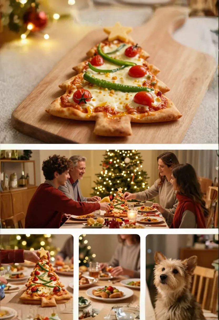 Family enjoying Christmas tree mini pizzas at a festive table with warm lights and a pet nearby.