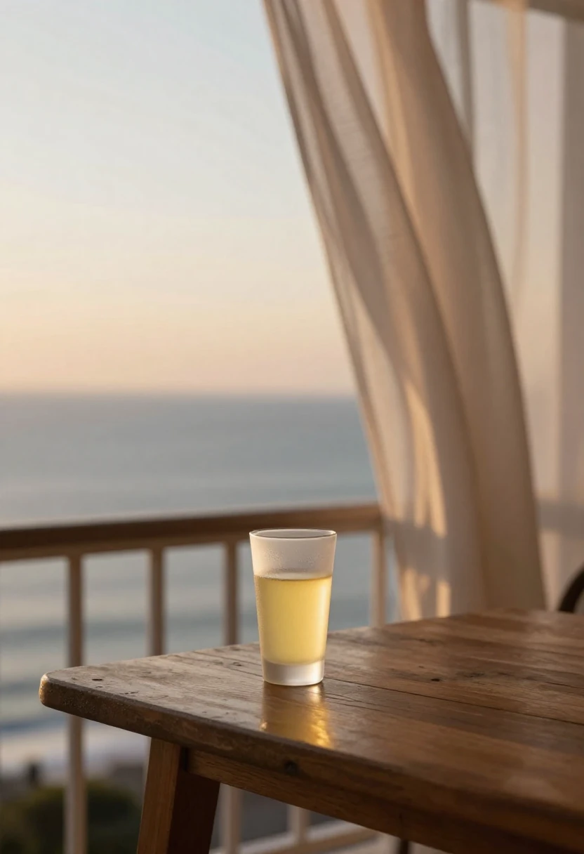 Small frosted glass of limoncello on a balcony table at sunset with soft sunlight and coastal view