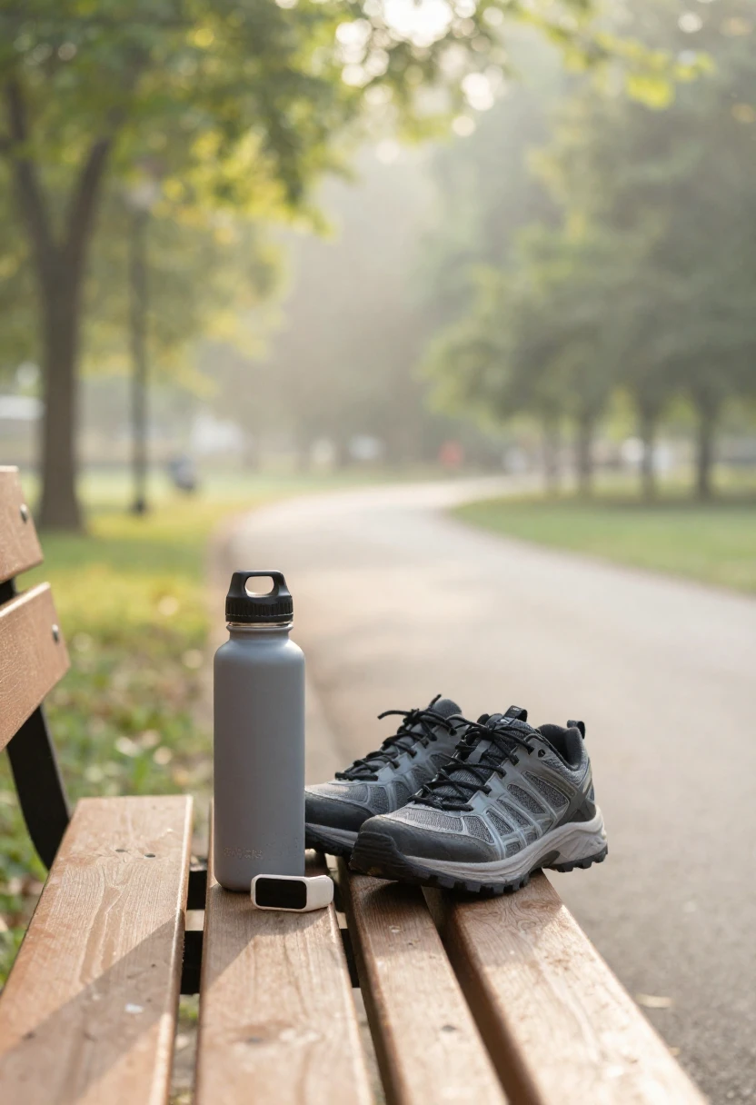 Walking shoes, water bottle, and fitness tracker on a park bench representing gentle movement for calorie balance