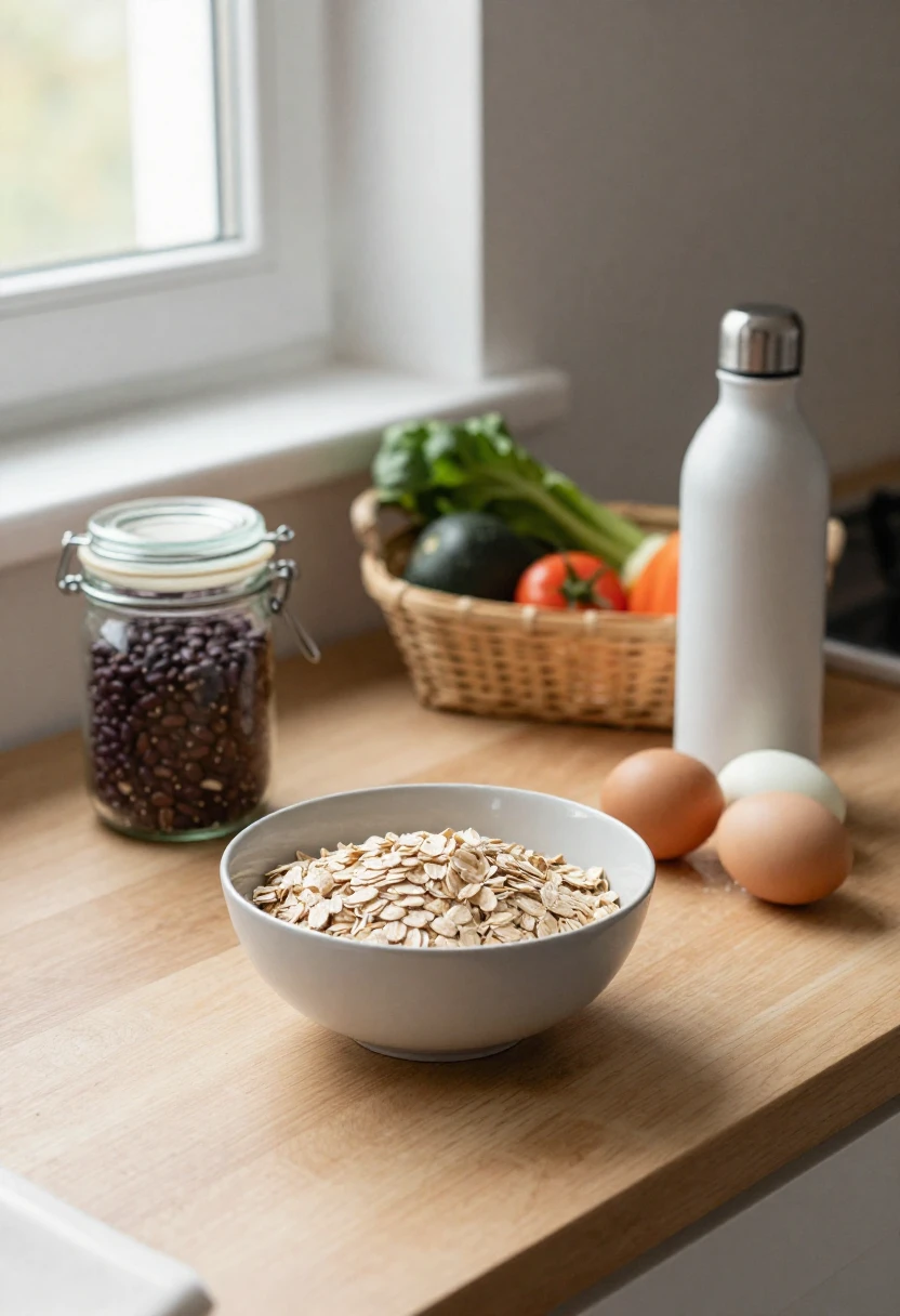 Affordable healthy foods like oats, beans, vegetables, and eggs on a sunlit kitchen counter supporting blood sugar control