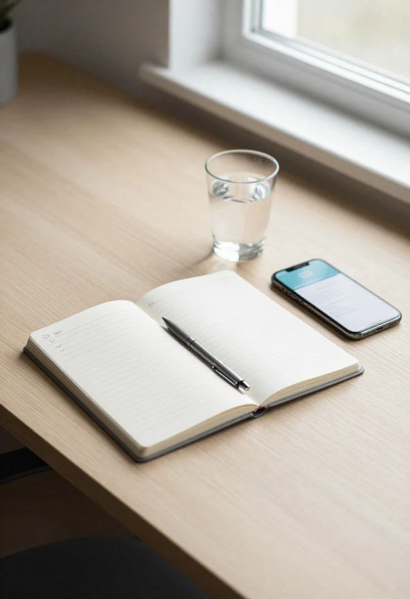 Notebook with habit tracking, smartphone health app, and glass of water on a sunlit desk showing simple wellness monitoring