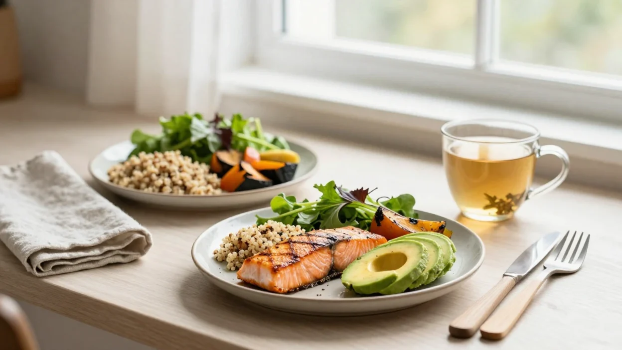 Balanced healthy meal with salmon, quinoa, roasted vegetables, avocado, and herbal tea in soft natural light for sustainable weight loss