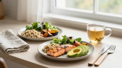 Balanced healthy meal with salmon, quinoa, roasted vegetables, avocado, and herbal tea in soft natural light for sustainable weight loss