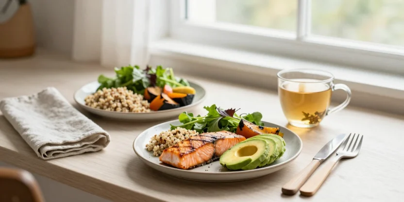 Balanced healthy meal with salmon, quinoa, roasted vegetables, avocado, and herbal tea in soft natural light for sustainable weight loss