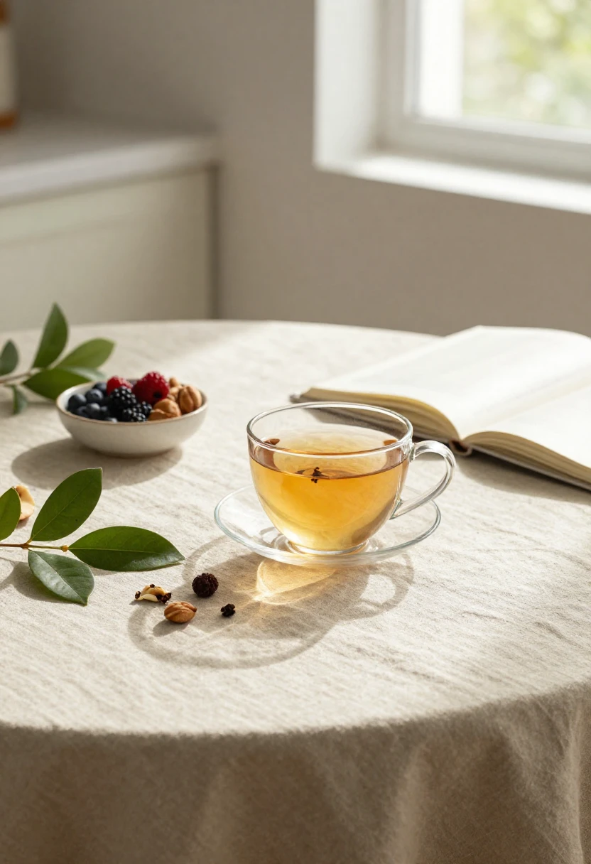 Herbal tea with fresh leaves, whole foods, and an open journal in soft morning light representing balanced herbal wellness