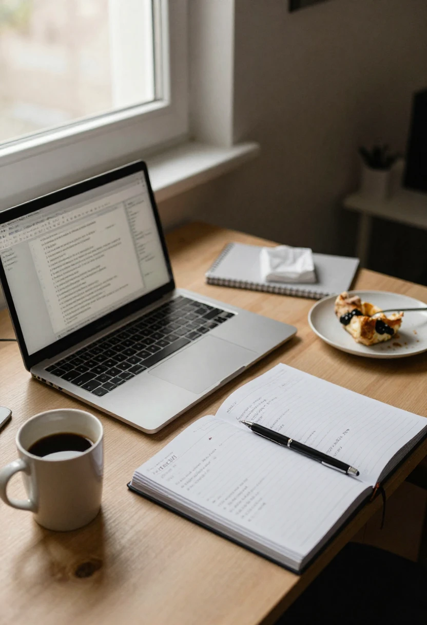 Busy professional workspace with laptop, planner, and quick meal showing time pressure