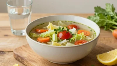Homemade cabbage soup with fresh vegetables and water on a wooden table for a healthy 7-day weight loss reset