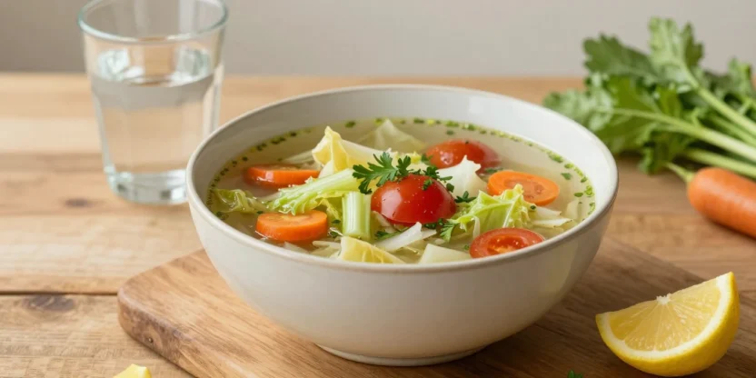 Homemade cabbage soup with fresh vegetables and water on a wooden table for a healthy 7-day weight loss reset