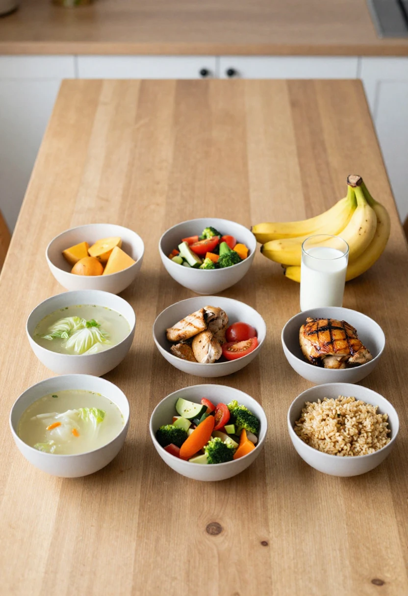 Seven simple bowls representing the 7-day structure of the Cabbage Soup Diet plan