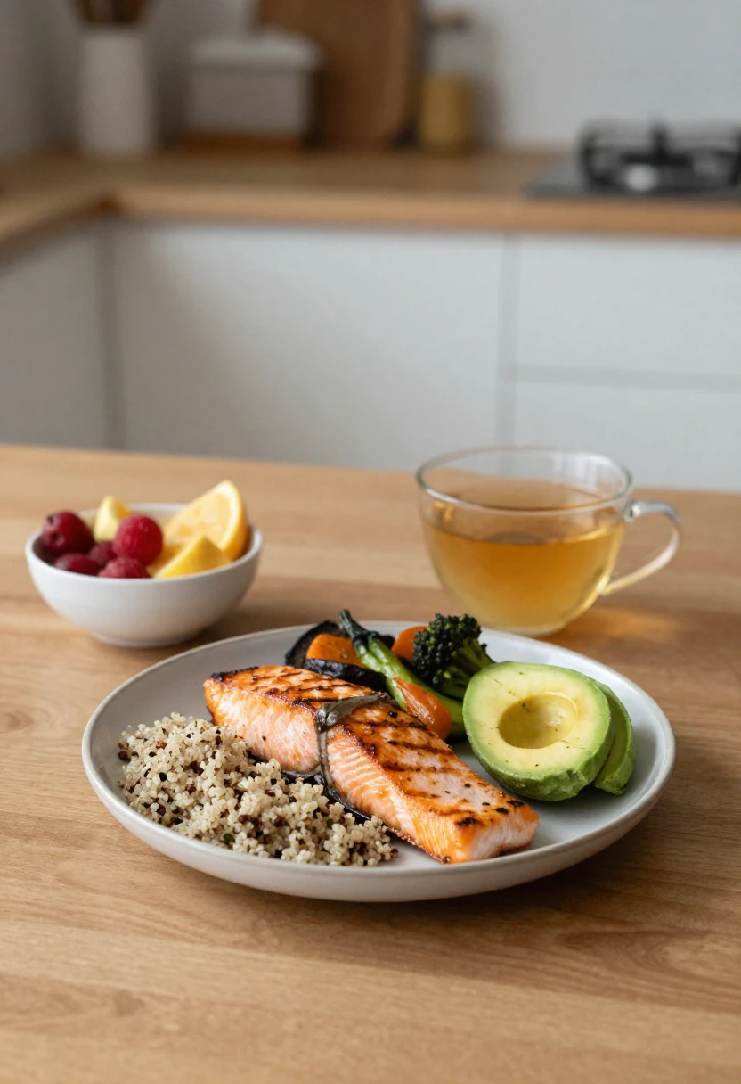 Balanced healthy meal with fish, grains, vegetables, and fruit representing life after the Cabbage Soup Diet