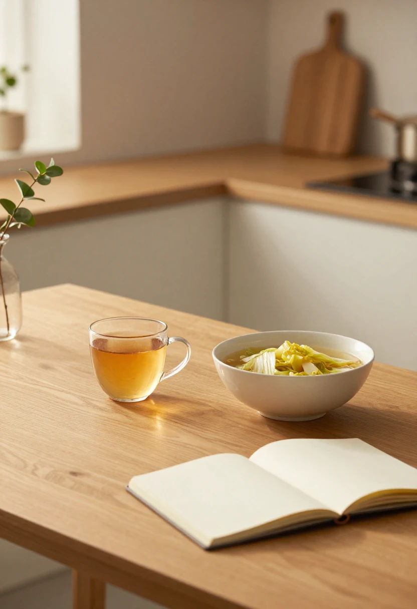 Herbal tea, cabbage soup, and open notebook in soft light symbolizing reflection on whether the Cabbage Soup Diet is worth trying