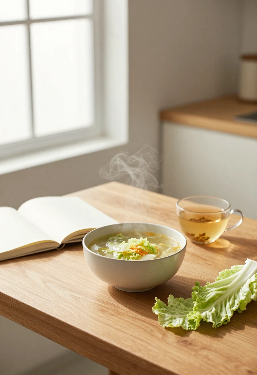 Steaming bowl of cabbage soup with notebook and tea symbolizing curiosity about the Cabbage Soup Diet