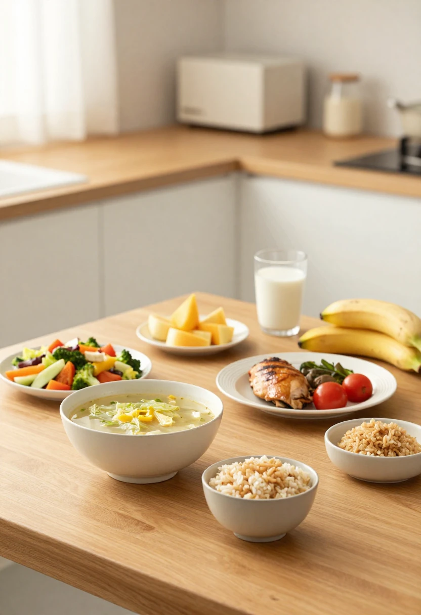 Simple plates of cabbage soup, fruit, vegetables, protein, and rice showing the daily eating plan of the Cabbage Soup Diet