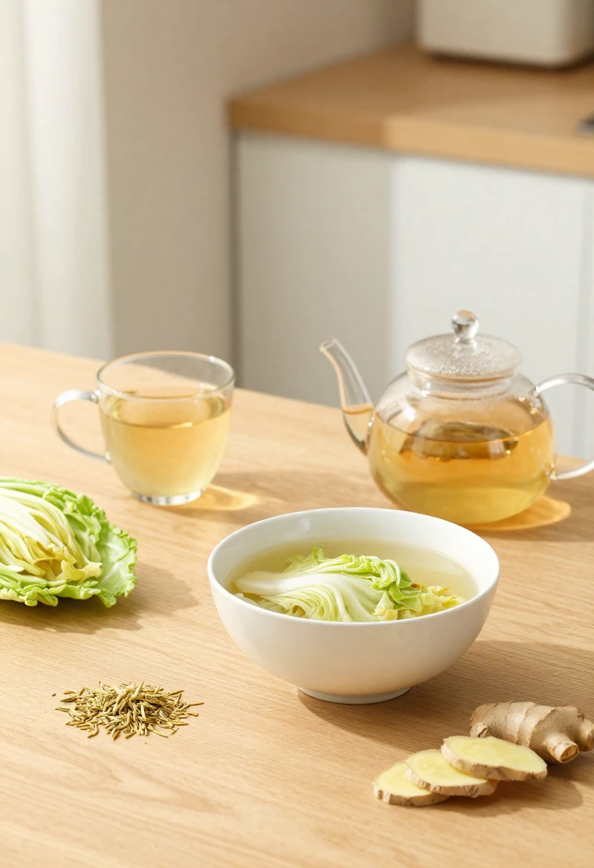 Herbal tea, cabbage soup, and digestive herbs on a wooden table symbolizing gut responses during the Cabbage Soup Diet