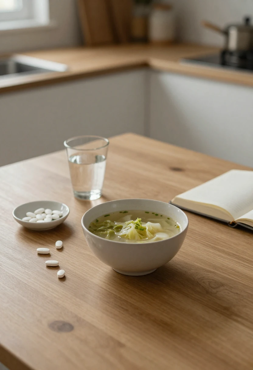 Minimal kitchen scene with cabbage soup and vitamins representing nutrient imbalances in the Cabbage Soup Diet