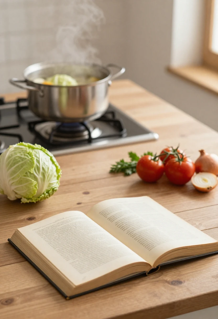 Open cookbook and homemade cabbage soup with fresh vegetables representing the origins of the Cabbage Soup Diet