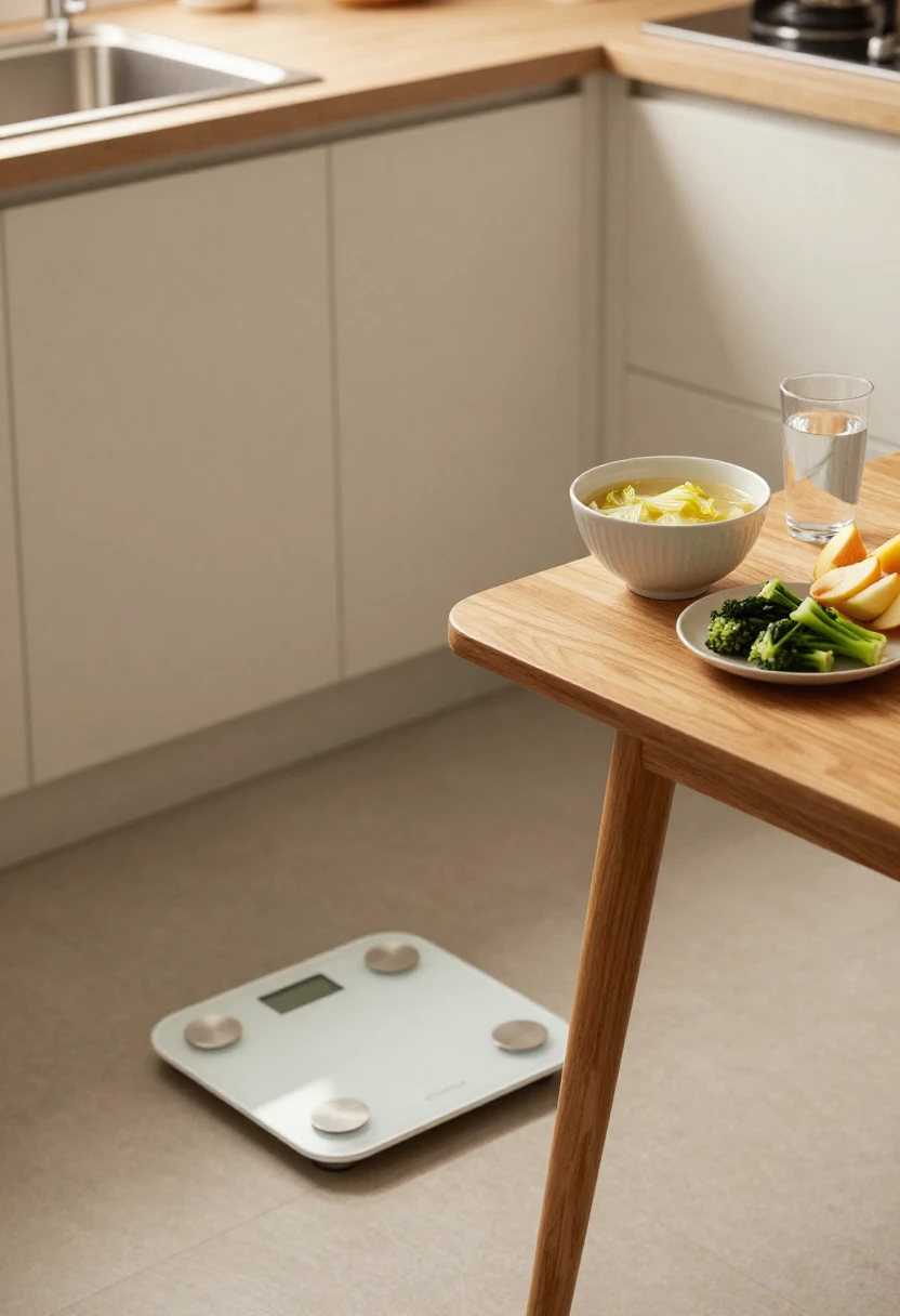 Bathroom scale next to cabbage soup, fruit, and vegetables representing rapid weight loss on the Cabbage Soup Diet