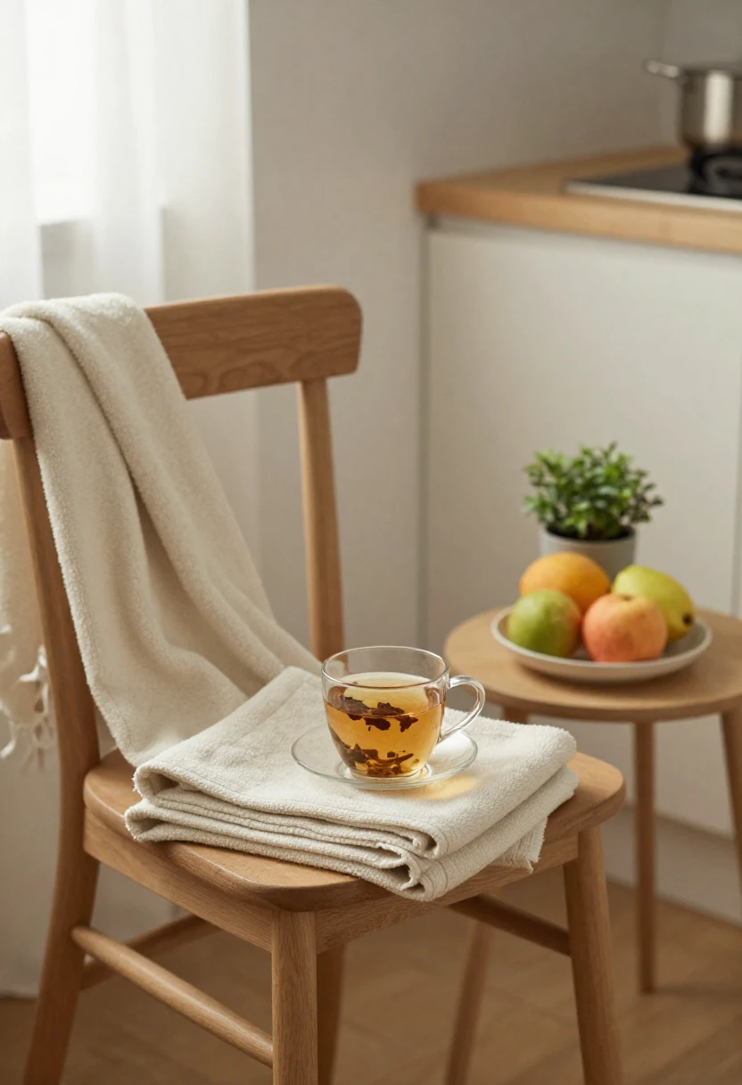 Quiet kitchen corner with tea and fruit symbolizing caution before starting the Cabbage Soup Diet