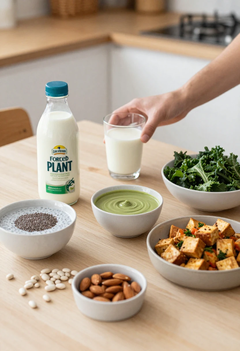 Calcium-rich plant-based foods including tofu, kale, tahini, and fortified plant milk