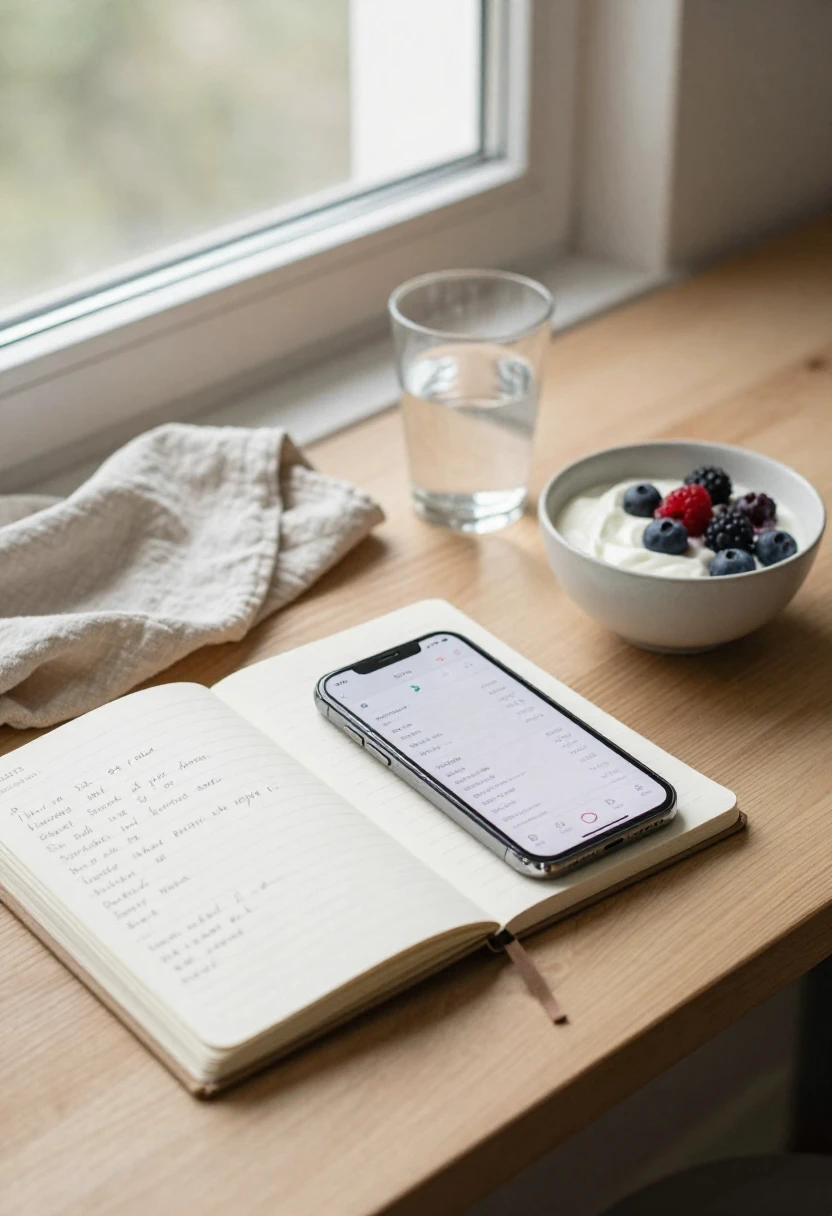 Notebook and smartphone with healthy breakfast on a sunlit desk representing how to calculate personal calorie needs for weight loss