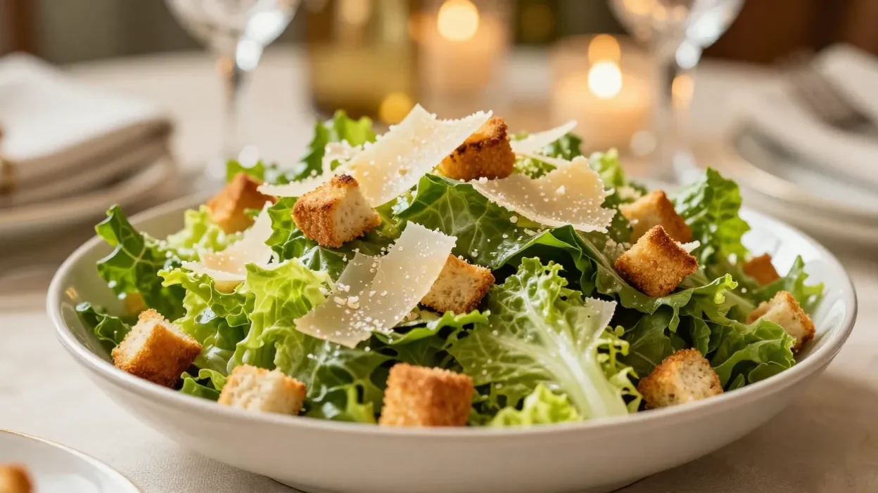 Festive Caesar salad with golden croutons and Parmesan in warm glowing light.