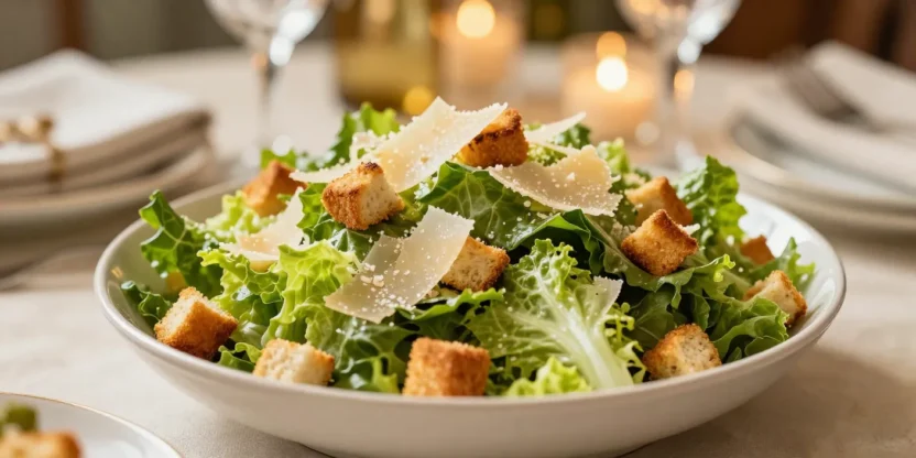 Festive Caesar salad with golden croutons and Parmesan in warm glowing light.