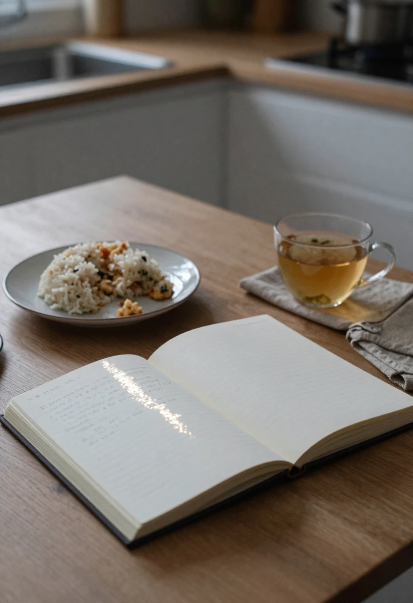 Notebook and balanced meal with dessert plate on a softly lit table representing reflection on common weight loss mistakes