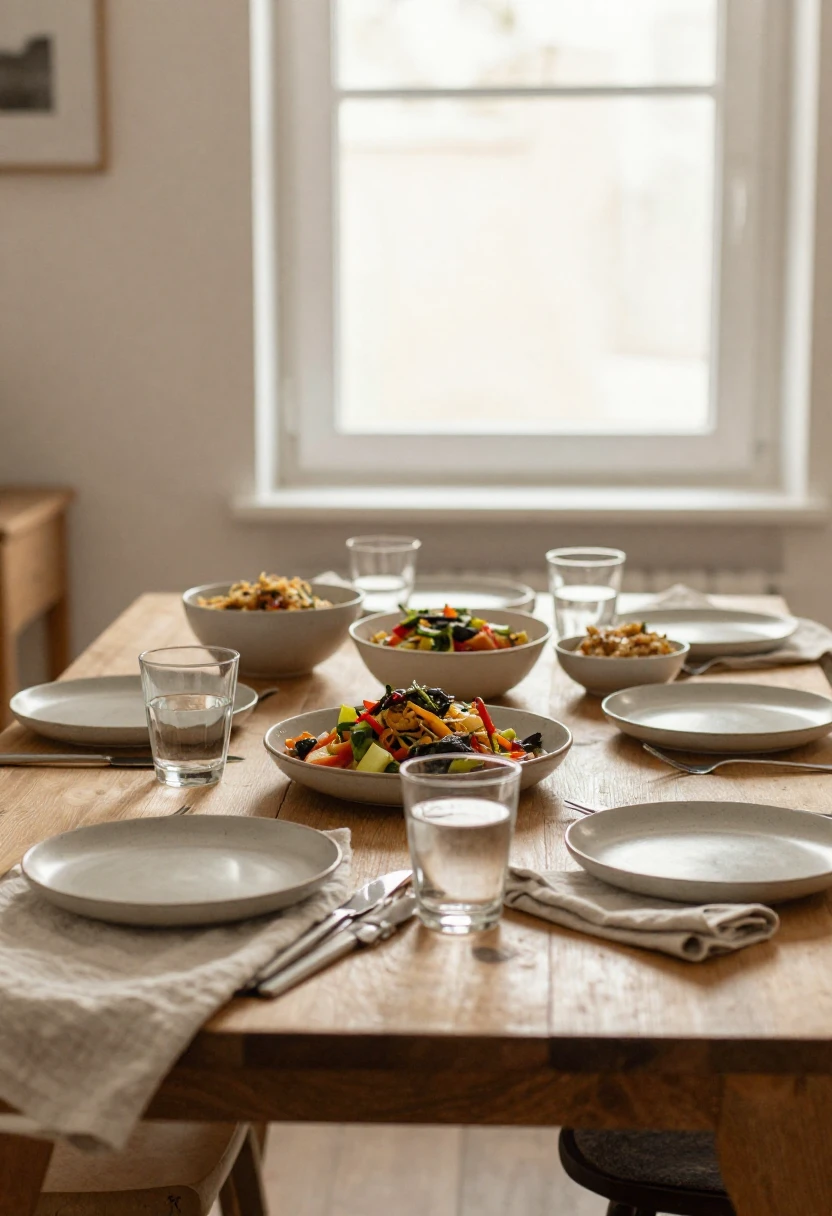 Shared dining table with homemade healthy dishes in soft natural light representing community and social wellness