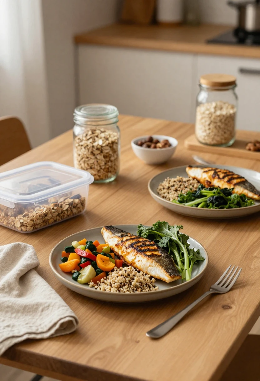 Two balanced healthy meals on a sunlit table representing consistency over extreme dieting for sustainable weight loss
