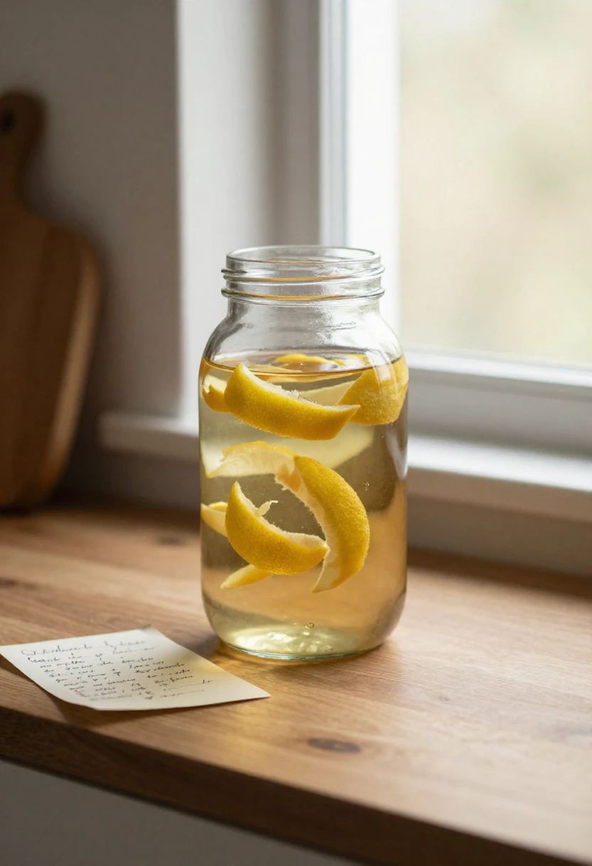 Glass jar of lemon peels infusing in alcohol for homemade limoncello on a sunlit kitchen counter
